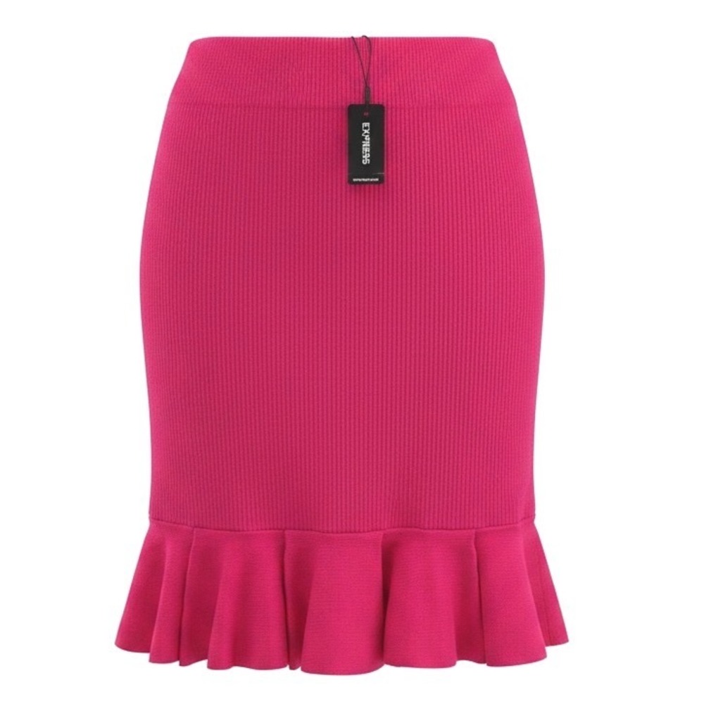 NWT Express Fuchsia Ribbed Knit Flounce Ruffle Hem Midi Skirt Small‎ Fuchsia